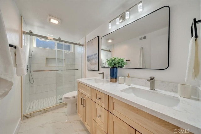 bathroom with vanity, an enclosed shower, and toilet