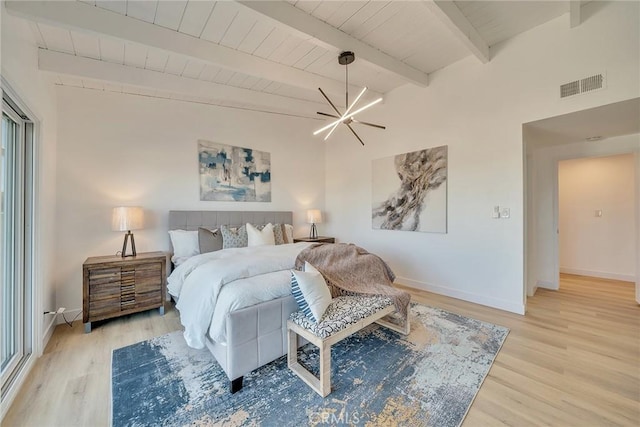 bedroom with beam ceiling, light hardwood / wood-style flooring, wooden ceiling, and a chandelier