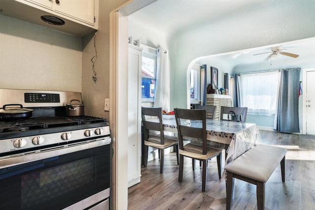 kitchen featuring white cabinetry, stainless steel range with gas stovetop, a healthy amount of sunlight, and light wood-type flooring