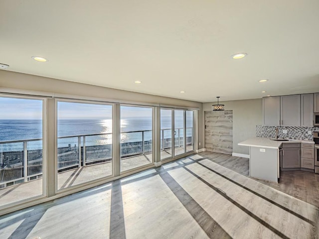 unfurnished living room with sink, light hardwood / wood-style flooring, and a water view