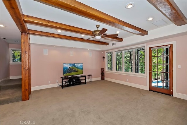 29223 Pigeon Hawk Ln, Lake Arrowhead, CA 92352 - carpeted living area featuring baseboards, beamed ceiling, ceiling fan, and recessed lighting