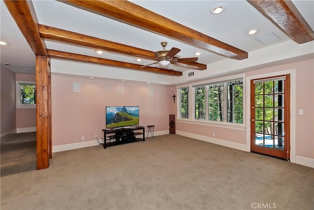 29223 Pigeon Hawk Ln, Lake Arrowhead, CA 92352 - living room featuring carpet flooring, beam ceiling, ceiling fan, and recessed lighting