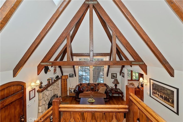 29223 Pigeon Hawk Ln, Lake Arrowhead, CA 92352 - living area featuring plenty of natural light, wood finished floors, and a fireplace