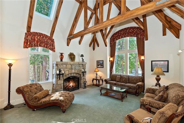 29223 Pigeon Hawk Ln, Lake Arrowhead, CA 92352 - living room featuring high vaulted ceiling, a stone fireplace, carpet flooring, beam ceiling, and plenty of natural light
