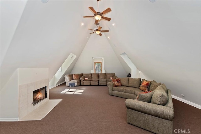 29223 Pigeon Hawk Ln, Lake Arrowhead, CA 92352 - carpeted living room with a ceiling fan, a fireplace, and vaulted ceiling