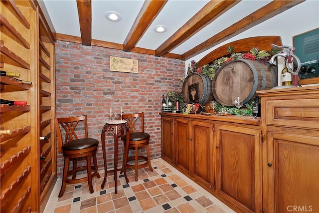 bar with beam ceiling and brick wall