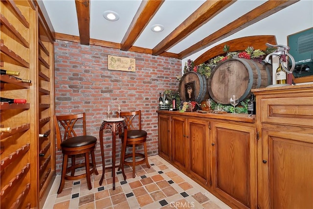 29223 Pigeon Hawk Ln, Lake Arrowhead, CA 92352 - bar with brick wall, beam ceiling, and recessed lighting