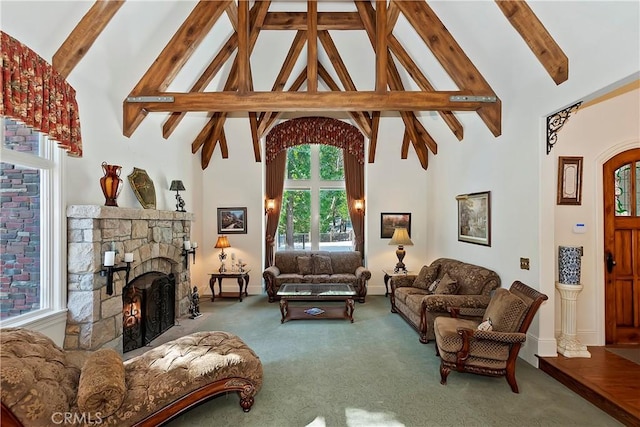 living room featuring beamed ceiling, carpet, high vaulted ceiling, and a fireplace