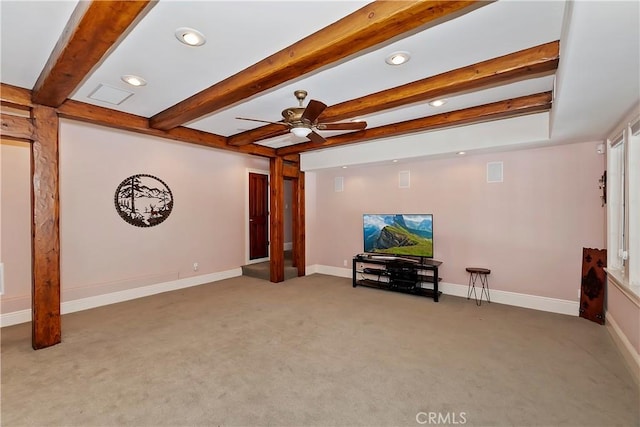 carpeted living room featuring beam ceiling and ceiling fan