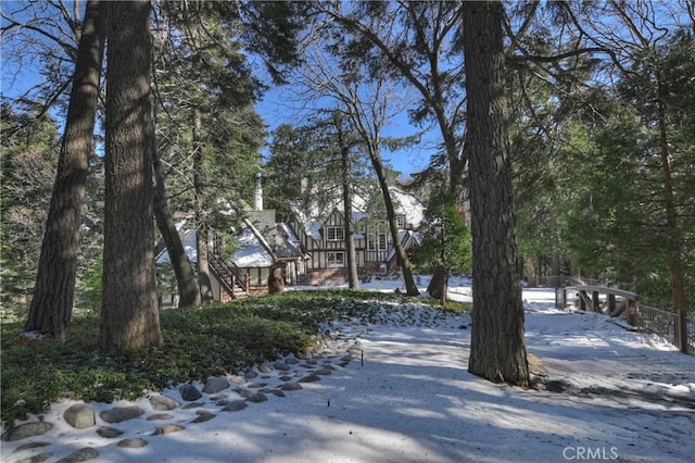 view of yard layered in snow