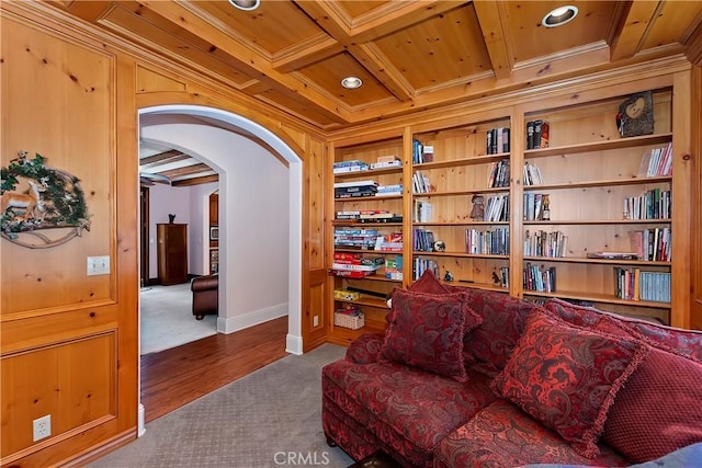 29223 Pigeon Hawk Ln, Lake Arrowhead, CA 92352 - sitting room featuring carpet flooring, arched walkways, a wood ceiling with exposed beams, crown molding, and coffered ceiling