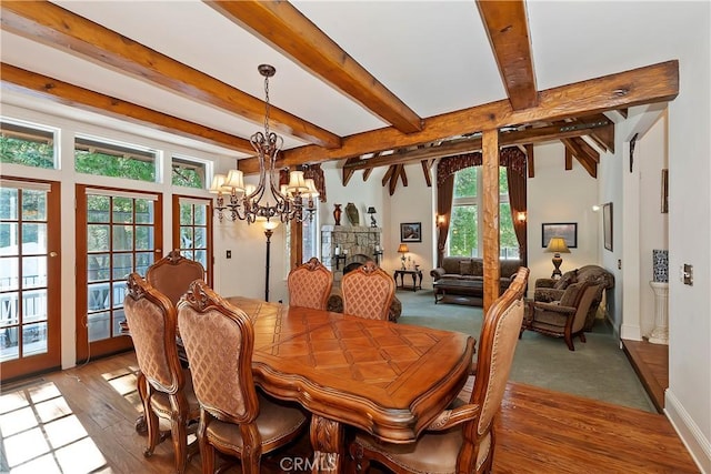 29223 Pigeon Hawk Ln, Lake Arrowhead, CA 92352 - dining area featuring a chandelier, wood finished floors, and beam ceiling