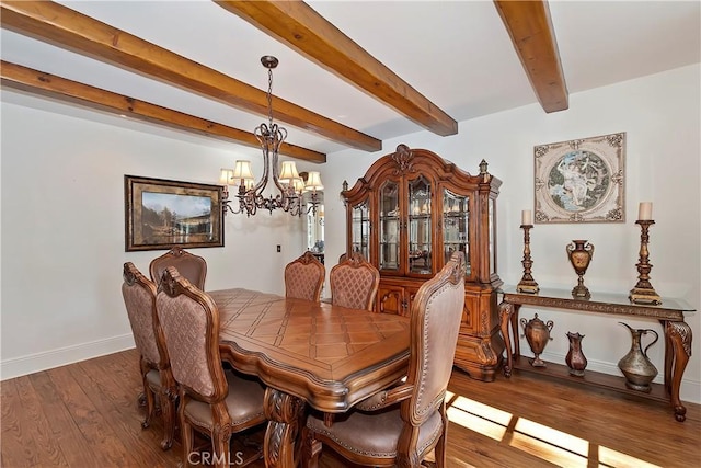 dining room with wood-type flooring, a notable chandelier, and beam ceiling