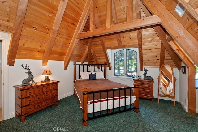 bedroom with dark carpet, lofted ceiling with beams, and wooden ceiling