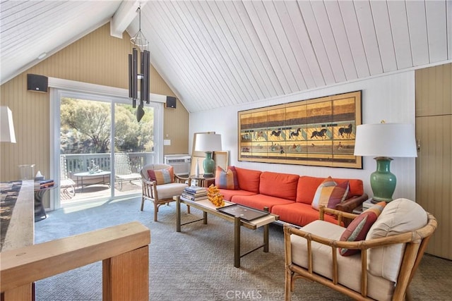 carpeted living room featuring beamed ceiling and high vaulted ceiling