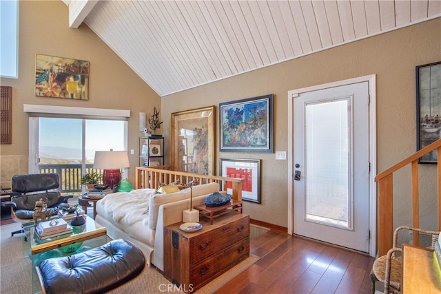 living room featuring dark hardwood / wood-style flooring, wood ceiling, high vaulted ceiling, and beamed ceiling