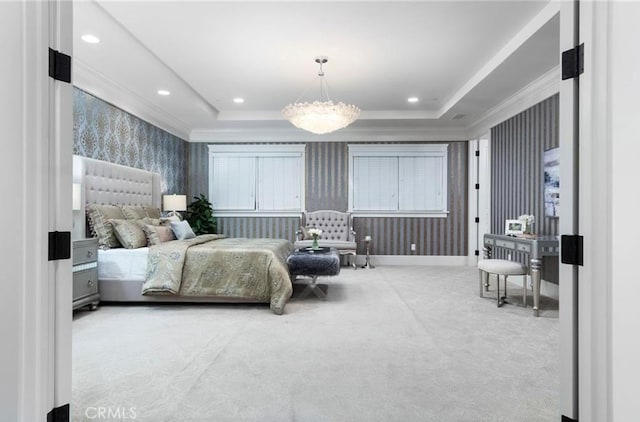bedroom featuring recessed lighting, light carpet, wallpapered walls, a raised ceiling, and crown molding
