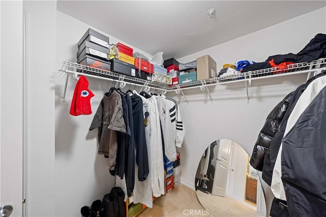 spacious closet featuring light carpet