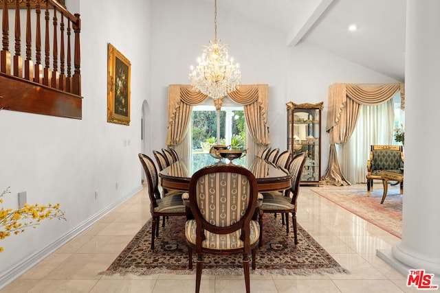 dining area featuring an inviting chandelier, beam ceiling, high vaulted ceiling, and light tile patterned flooring