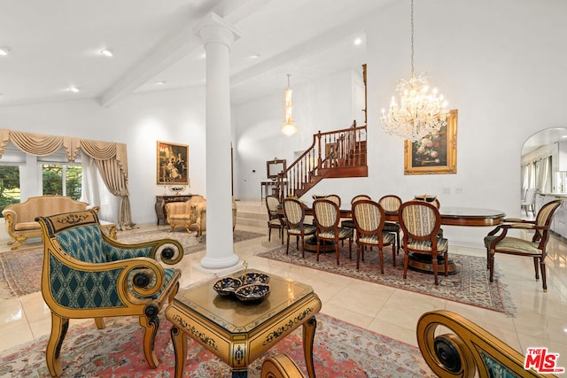 tiled living room featuring beamed ceiling, high vaulted ceiling, a chandelier, and decorative columns