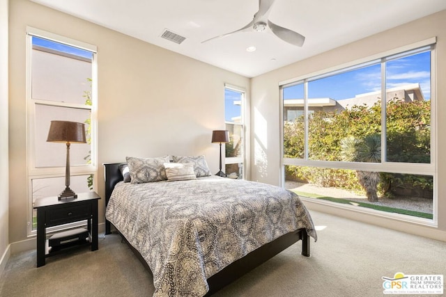 bedroom featuring carpet floors and ceiling fan