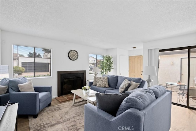 living room featuring plenty of natural light, a textured ceiling, and light hardwood / wood-style floors