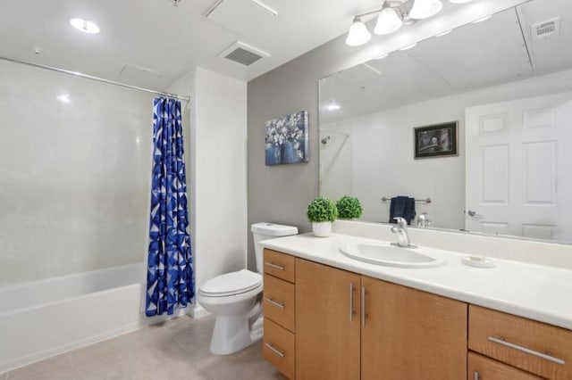 full bathroom with shower / tub combo, vanity, toilet, and tile patterned flooring