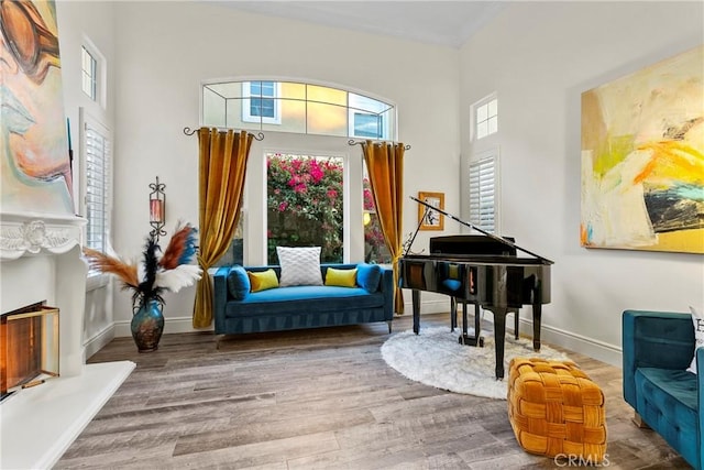 living area with a high ceiling, wood-type flooring, and crown molding