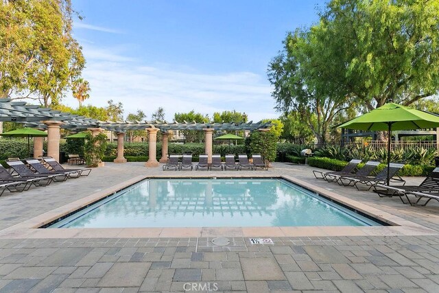 community pool featuring fence, a patio, and a pergola