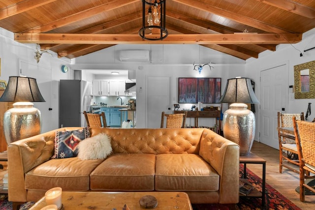 living room with a wall mounted air conditioner, lofted ceiling with beams, sink, light hardwood / wood-style floors, and wooden ceiling