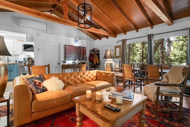 living room featuring beamed ceiling, high vaulted ceiling, wooden ceiling, and a wall unit AC