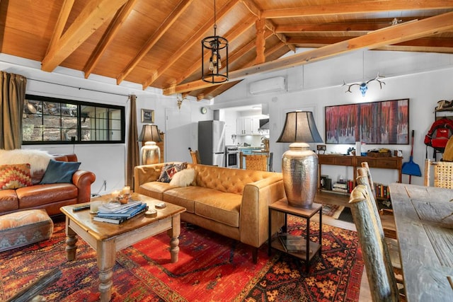 living room with vaulted ceiling with beams, wood ceiling, and hardwood / wood-style floors