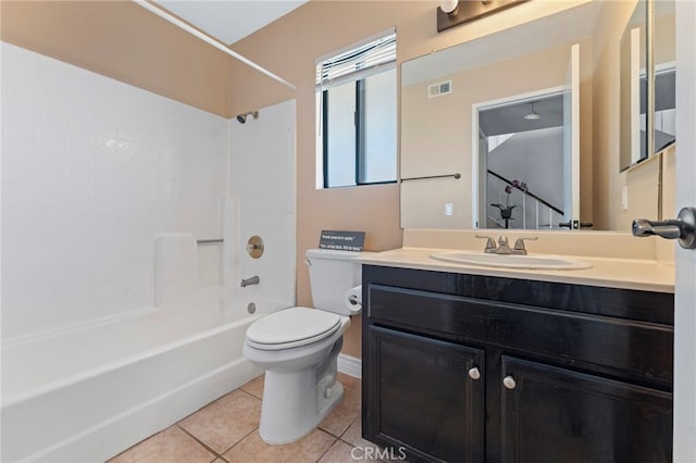 bathroom featuring shower / tub combination, toilet, visible vents, vanity, and tile patterned floors