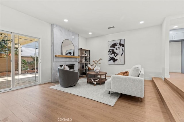 living room featuring wood-type flooring and a fireplace