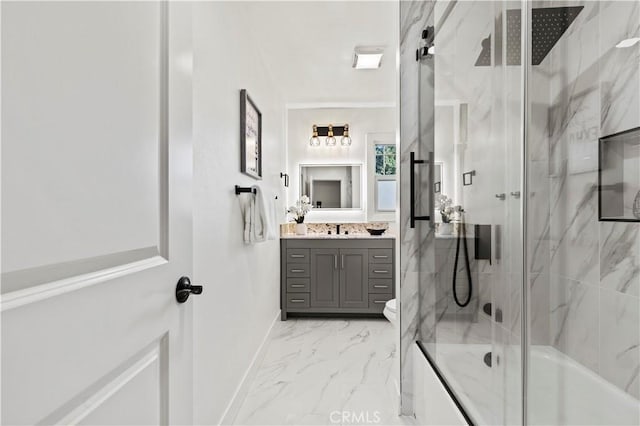 bathroom featuring vanity, toilet, and a shower with shower door