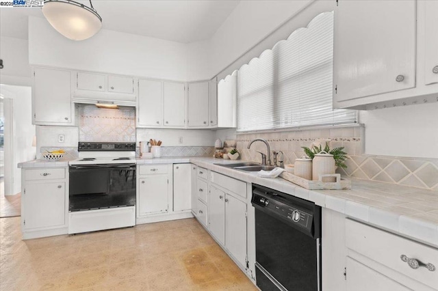 kitchen with sink, white cabinetry, tile counters, black dishwasher, and white range with electric cooktop