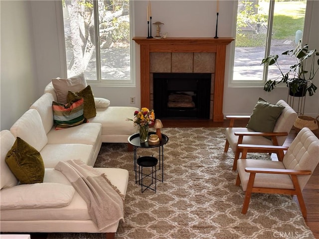 living area with wood finished floors and a fireplace