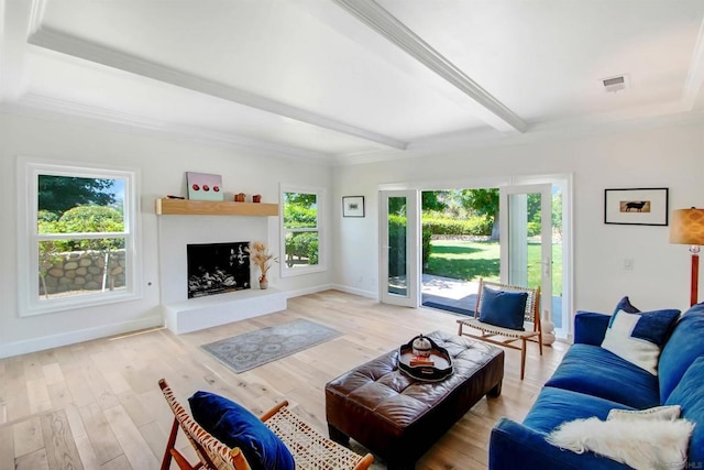 living room featuring hardwood / wood-style floors, beam ceiling, and a wealth of natural light