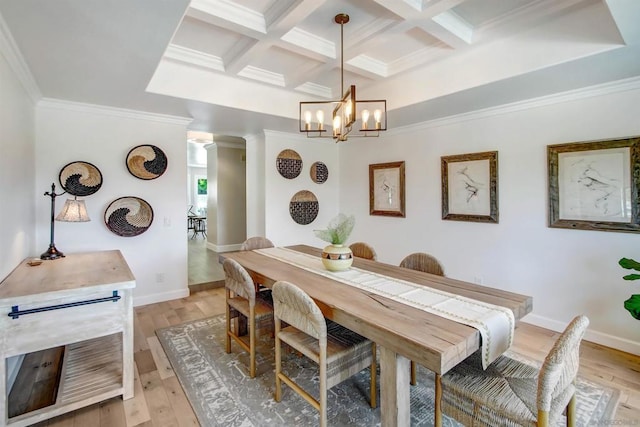 dining room featuring ornamental molding, coffered ceiling, beam ceiling, and light wood-type flooring