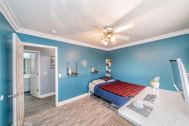 bedroom with crown molding, wood-type flooring, and ceiling fan