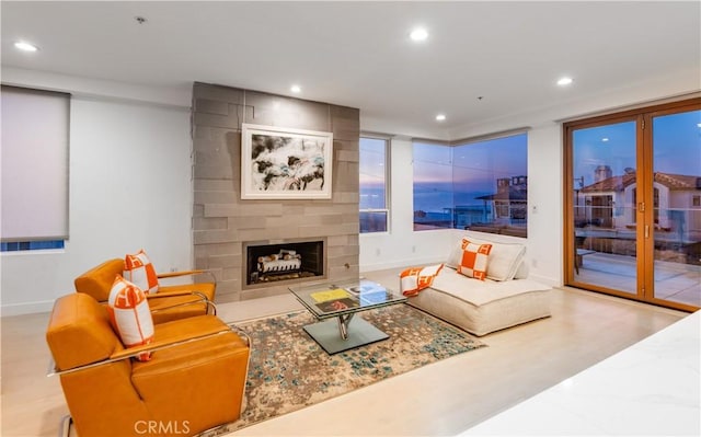 living room with a large fireplace