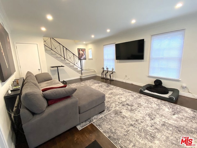 living room featuring dark wood-type flooring