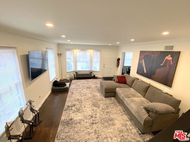 living room featuring ornamental molding and wood-type flooring