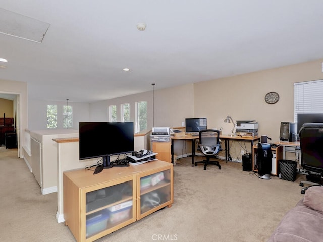 office featuring recessed lighting and light colored carpet