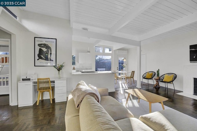 living room with dark parquet flooring and beam ceiling