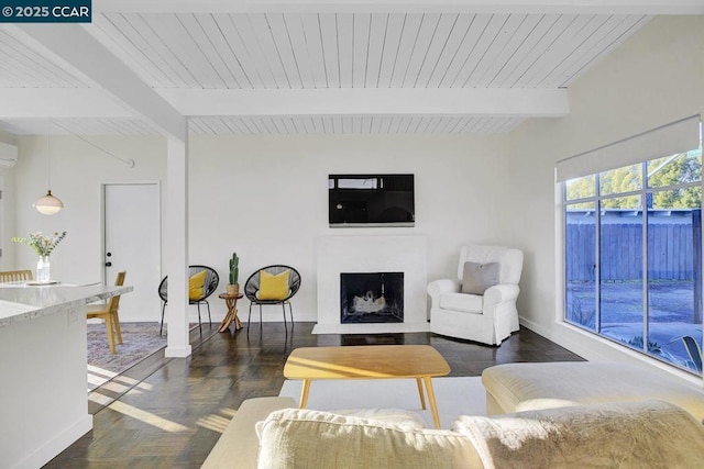 living room featuring beam ceiling and dark parquet floors