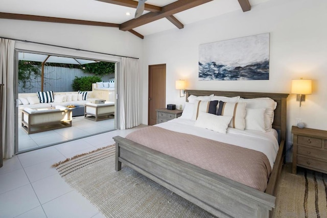 tiled bedroom featuring access to outside and lofted ceiling with beams