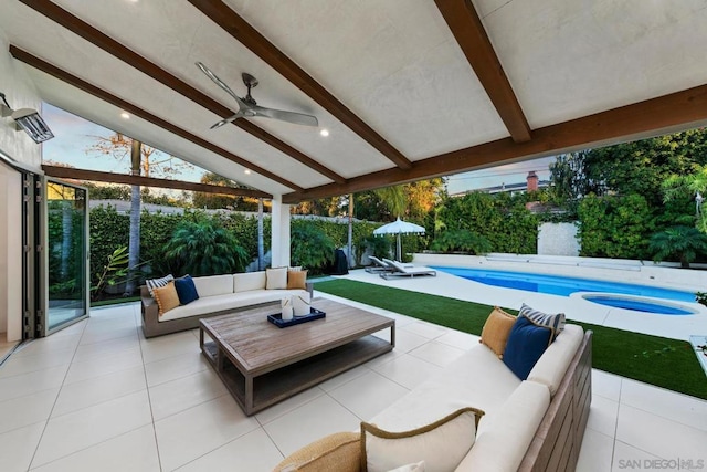 view of patio / terrace featuring a fenced in pool, an outdoor hangout area, and ceiling fan