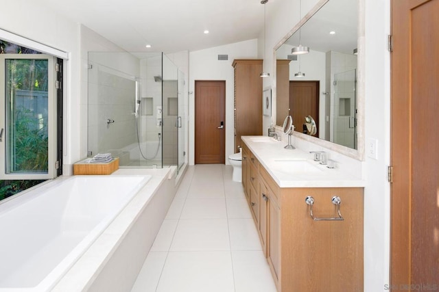 full bathroom featuring vanity, plus walk in shower, vaulted ceiling, tile patterned floors, and toilet