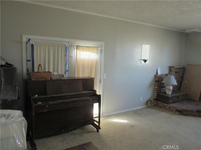 miscellaneous room featuring crown molding, a textured ceiling, and carpet